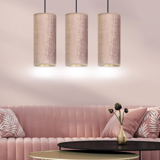 Pendellampa Joni, textil, 3 lampor lång, rosé guld