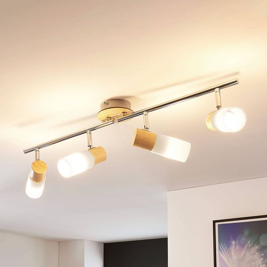 LED-taklampa Christoph med trä och 4 ljuskällor