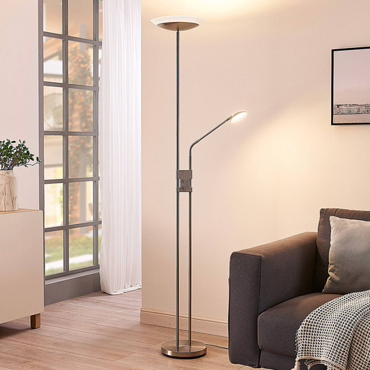 Rund LED-uplight golvlampa Jonne, läsarm, dimbar