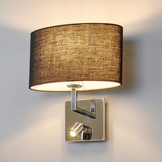 Svart tygvägglampa Karla med LED-läslampa