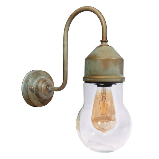 Vägglampa 1950N antikmässing, välvt glas, klar