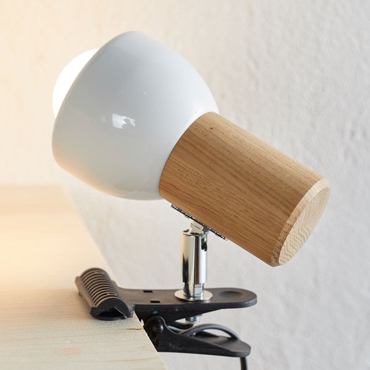 Liten klämlampa Clampspots med ekträ
