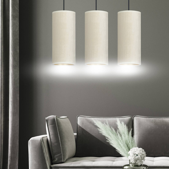 Pendellampa Joni, textil, 3 lampor lång, vit guld