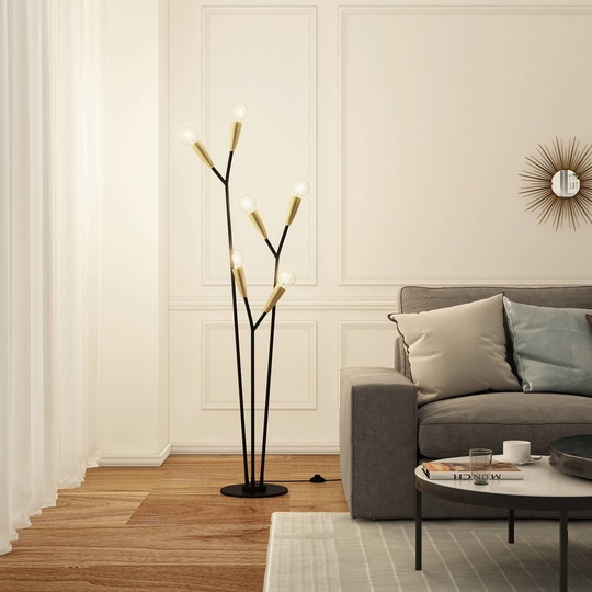 Lucande Carlea golvlampa, 6 lampor, svart-mässing