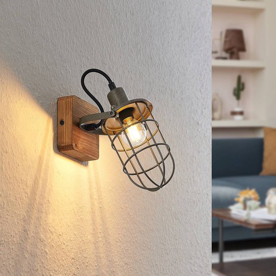 Lindby Serima vägglampa trä med burskärm