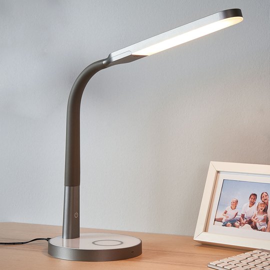 Grå LED-skrivbordslampa Maily, USB, dimmer