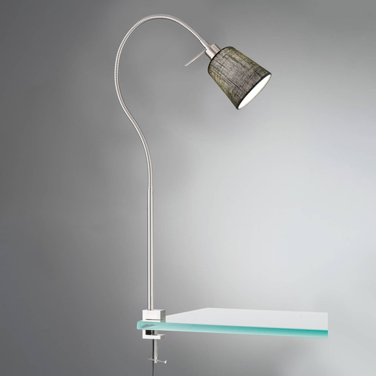Klämlampa Jam, skärm av lin, nickel/grå