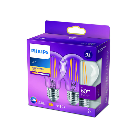 Philips LED-lampa E27 7W 2 700 K filament 2-pack