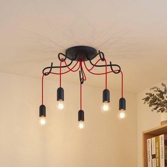 Lucande Jorna taklampa, 5 lampor, röd kabel