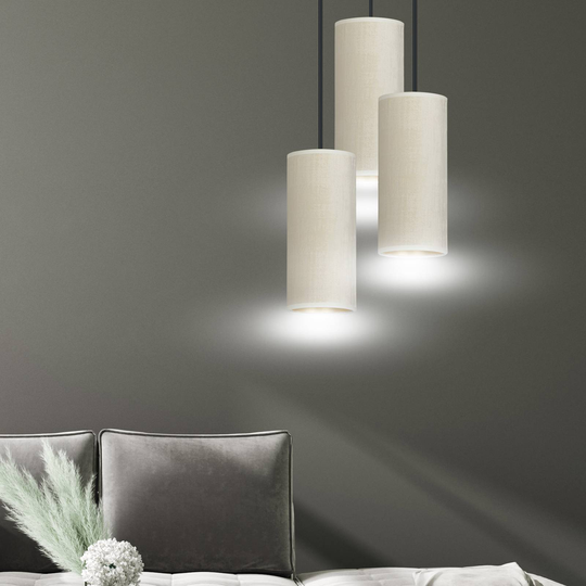 Pendellampa Joni, textil, 3 lampor rund, vit guld
