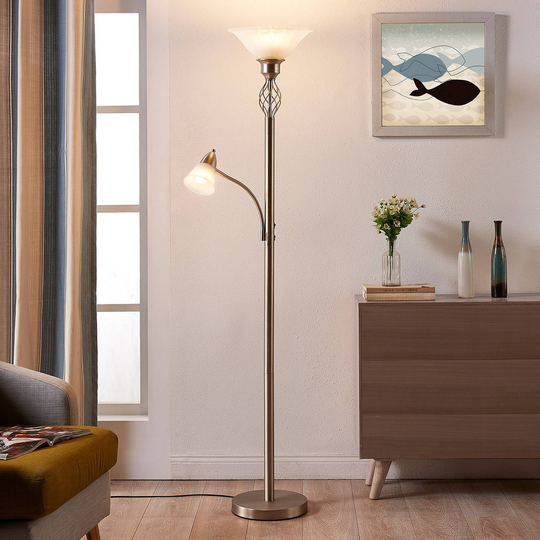 Nickelfärgad LED-golvlampa Dunja med läslampa