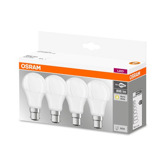 LED-lampa B22d 9W, varmvit, 806 lumen, 4-pack