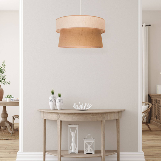 Hänglampa Etnic, dubbelskärm, beige/jute brun