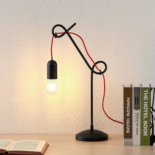 Lucande Jorna bordslampa i svart, röd kabel