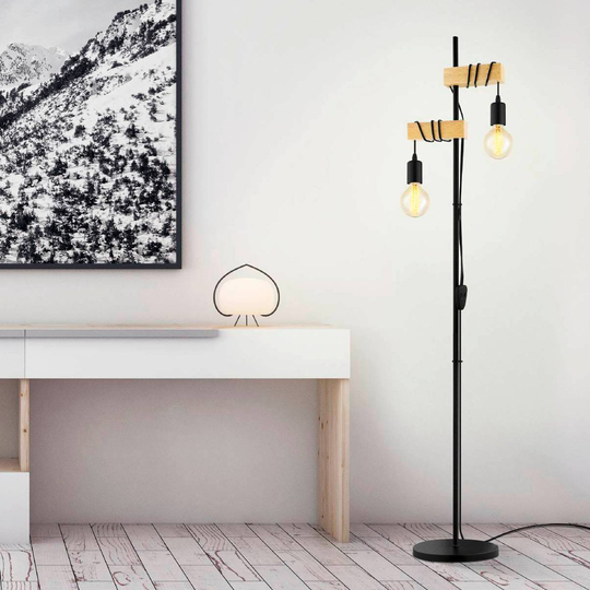 Golvlampa Townshend 2 lampor svart/trä ljust