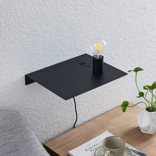 Lucande Malvina vägglampa, hylla, USB, svart