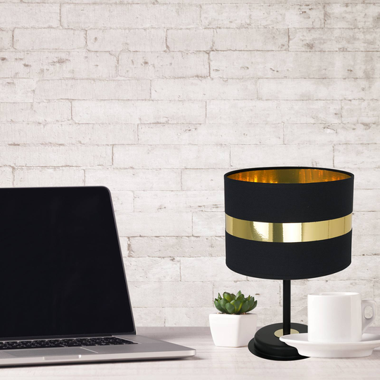 Bordslampa Palmira med textilskärm, svart/guld