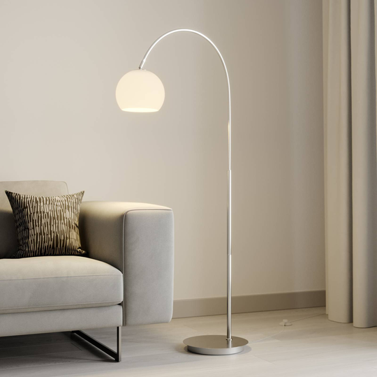 Lindby Cynthia båggolvlampa, glas, matt nickel
