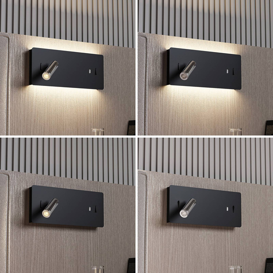 Lucande Kimo LED-vägglampa kantig svart, USB-uttag