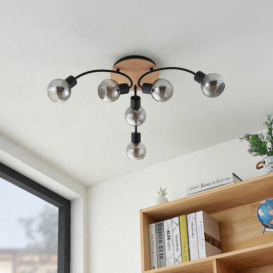 Lindby Eridia takspotlight, trä, 6 lampor, rund