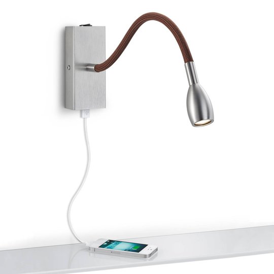 Mattgrå LED-vägglampa Milos med brunt tyg