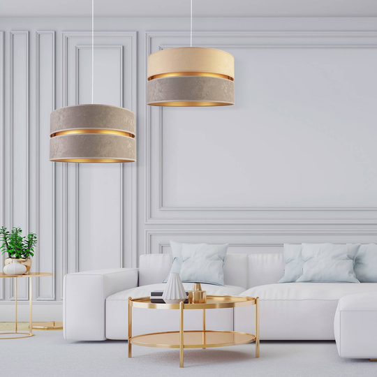Taklampa Duo av textil, grå/guld, Ø60 cm