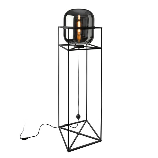 Golvlampa Baloni, metallstativ och rökglas