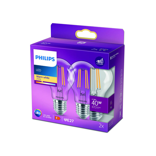 Philips LED-lampa E27 4,3W 2 700 K filament 2-pack