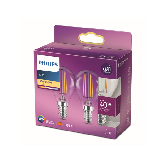 Philips LED-lampa E14 4,3W P45 filament 2 700 K