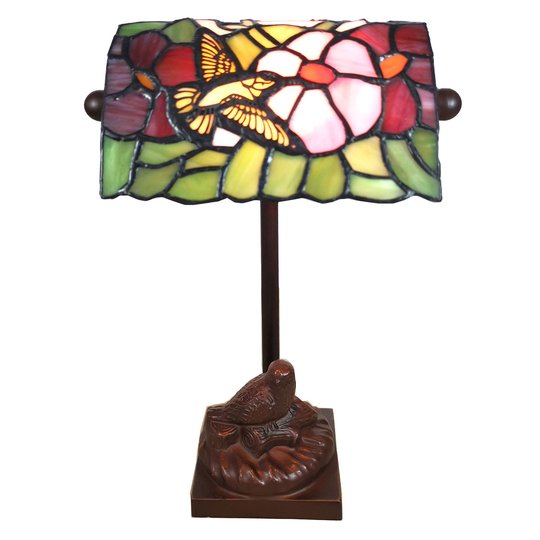 Bordslampa 6008, Tiffany-stil, med fågelmotiv