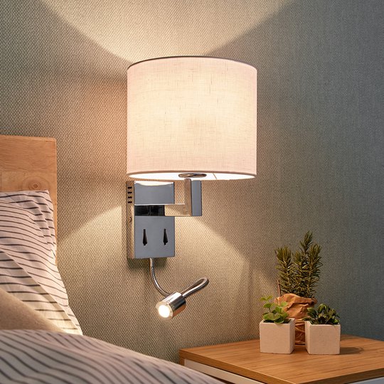 Textilvägglampa Taron med läslampa & strömbrytare