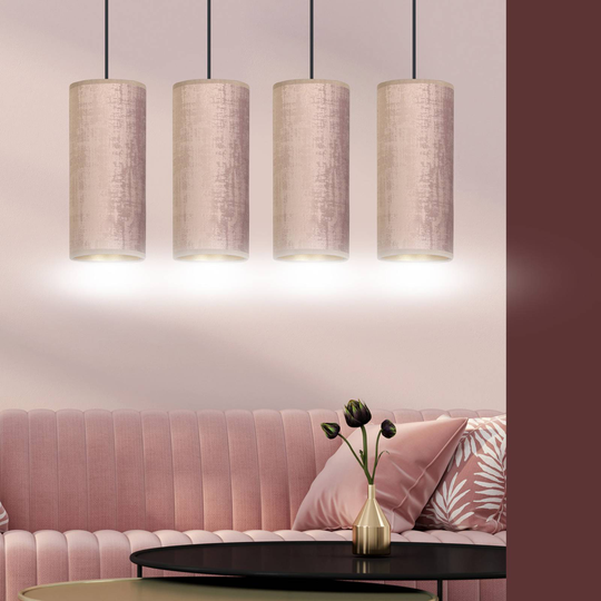 Pendellampa Joni, textil, 4 lampor lång, rosé guld