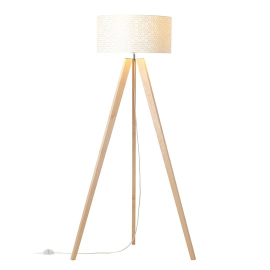 Golvlampa Galance, vit, trebent trästativ