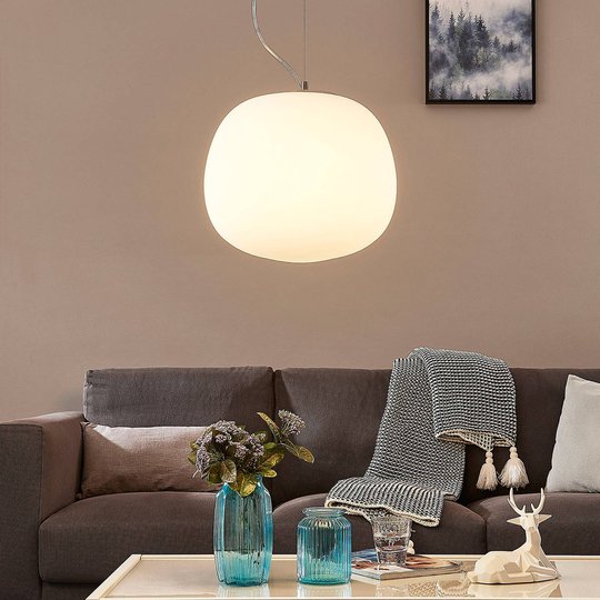 Glaspendellampa Ginevra, rund, vit, 38 cm