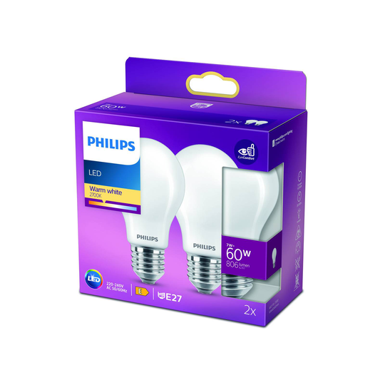 Philips LED-lampa E27 7W 2 700 K opal 2-pack