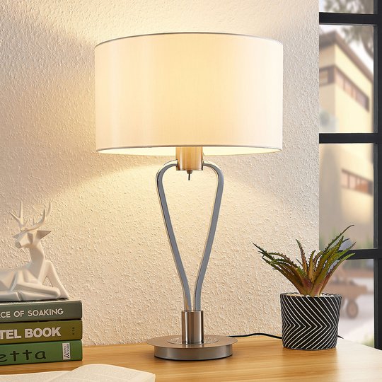 Lucande Gyda tygbordslampa, satinerad nickel