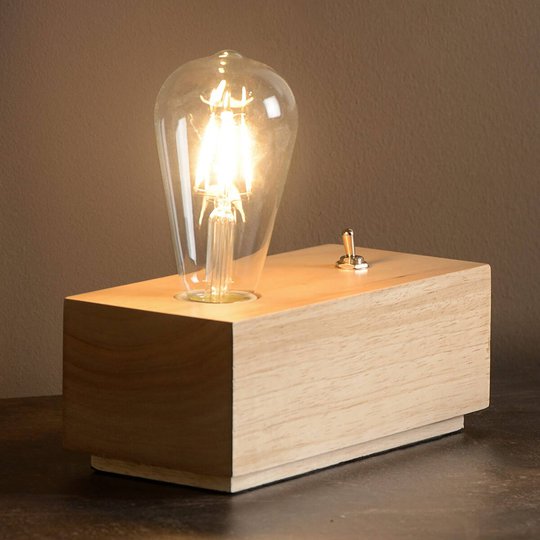 Blockformad LED-bordslampa Edison av trä