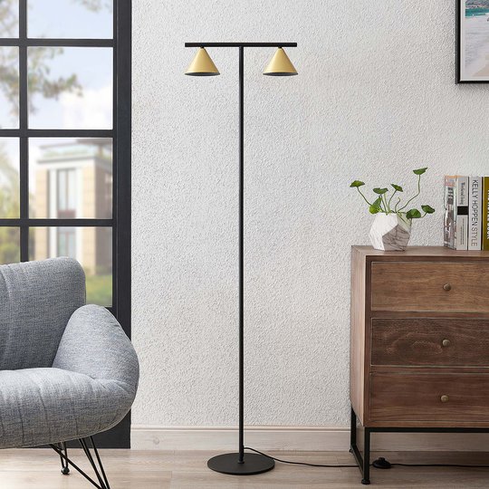 Lucande Kartio golvlampa, 2 lampor, mässing