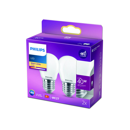 Philips LED-lampa E27 P45 4,3W 2 700 K opal 2-pack