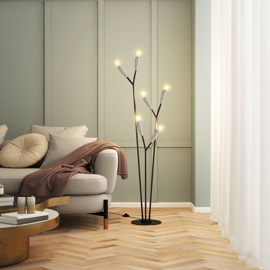 Lucande Carlea golvlampa, 6 lampor, svart-nickel