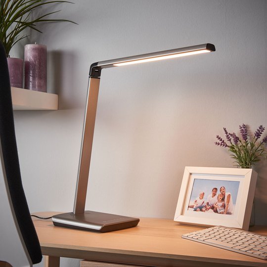 LED-bordslampa Kuno, gråmetallic, dimmer, USB