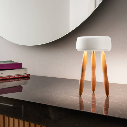 OLEV Drum designerbordslampa med batteri trä/vit