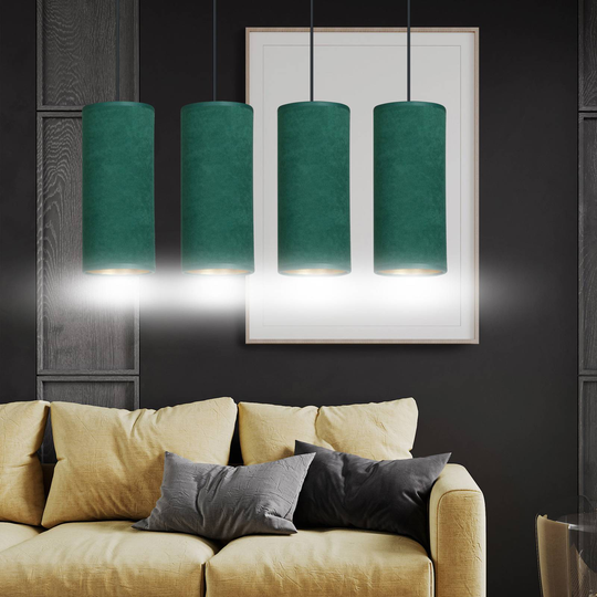 Pendellampa Joni, textil, 4 lampor lång, grön guld