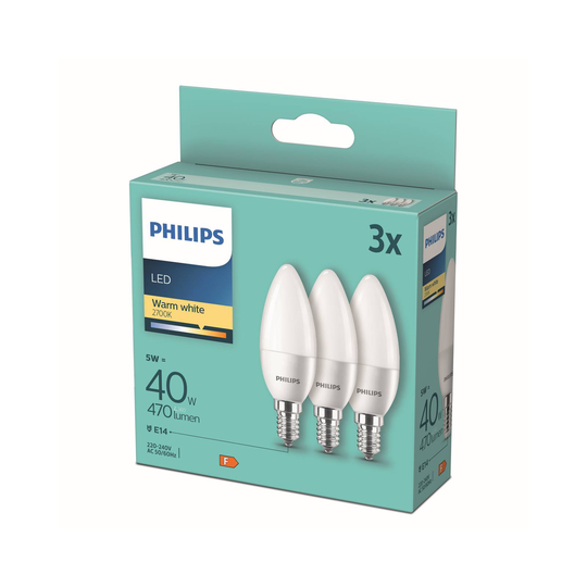 Philips LED-ljus B35 E14 5W 2 700 K opal 3-pack