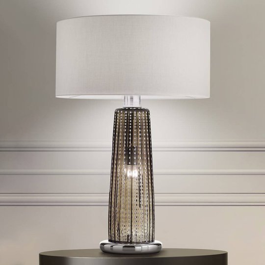 Bordslampa Perle, textilskärm, grått glas