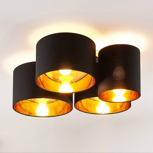 Lindby Laurenz taklampa, 4 lampor, svart-guld