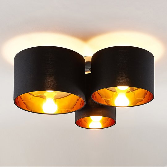 Lindby Laurenz taklampa, 3 lampor, svart-guld