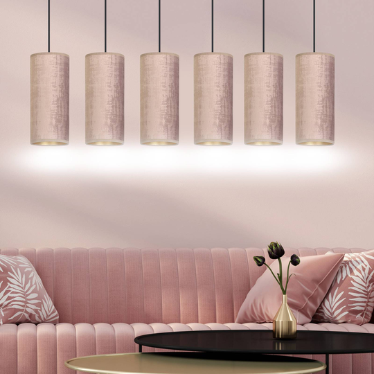 Pendellampa Joni, textil, 6 lampor lång, rosé guld