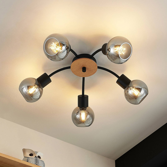 Lindby Eridia takspotlight, trä, 5 lampor, rund