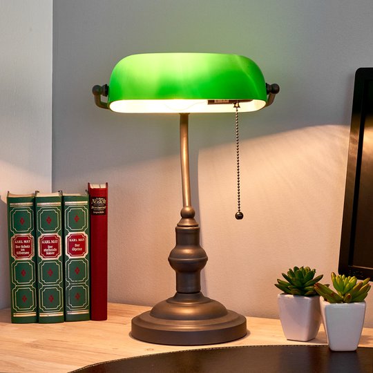 Dekorativ bankirlampa Verda med fot i antikbrunt